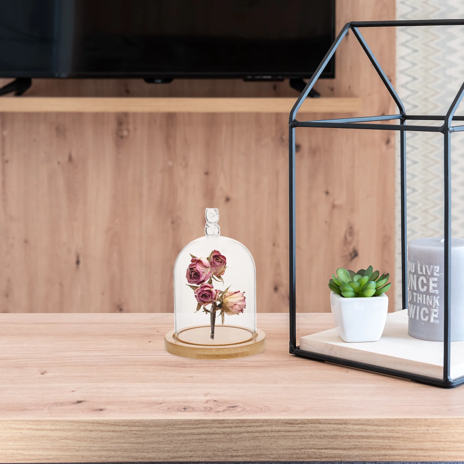 

Transparent Glass Cover for Preserved Flowers DIY Flower Dome with Solid Wood Base Small Animal Terrarium Decor Glass Dome