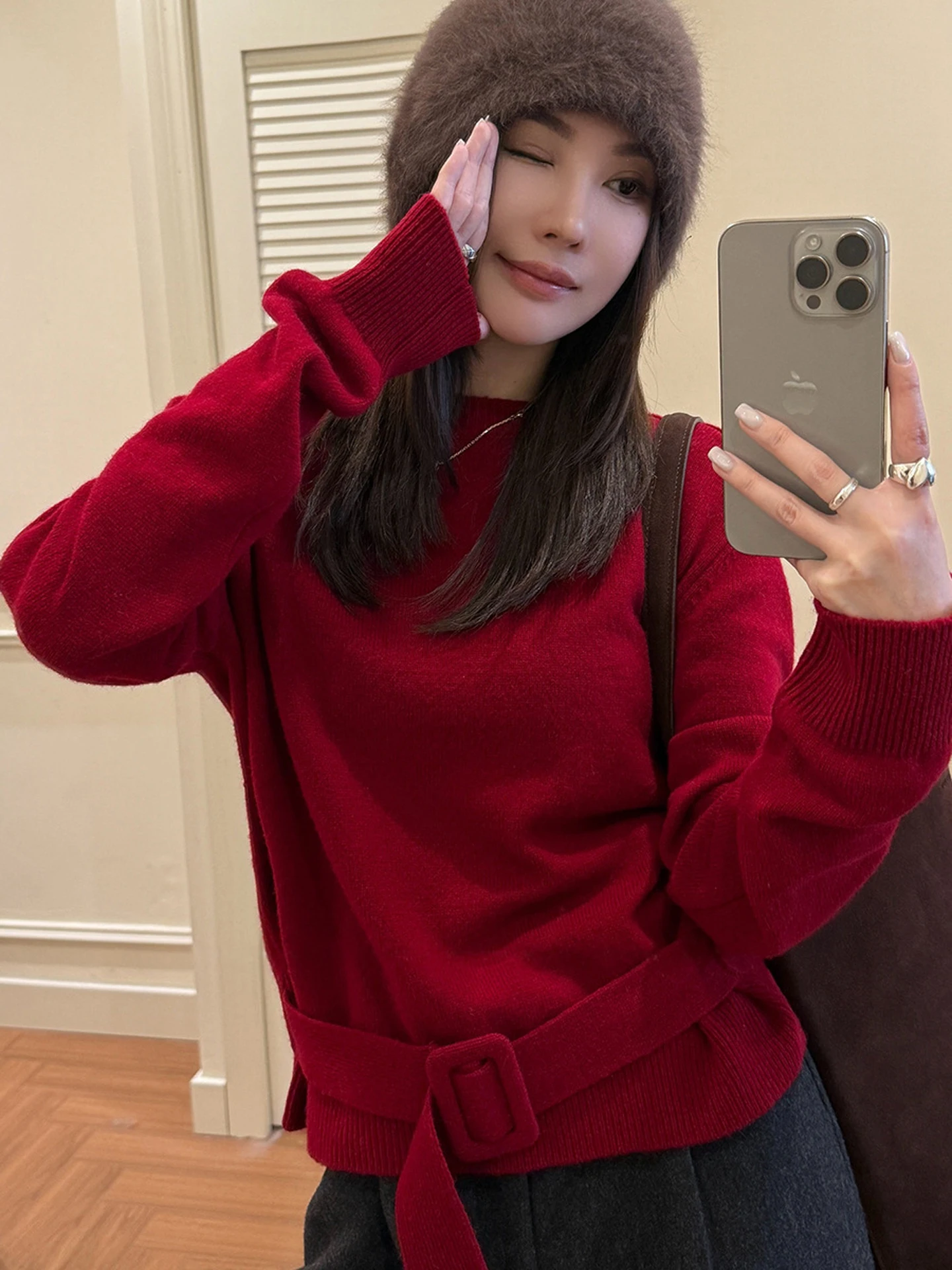 

New Year Red round Neck Knitted Sweater Women Long Sleeve Slimming Waist Belt Versatile Overhead Casual Loose Fit Soft Wool B...