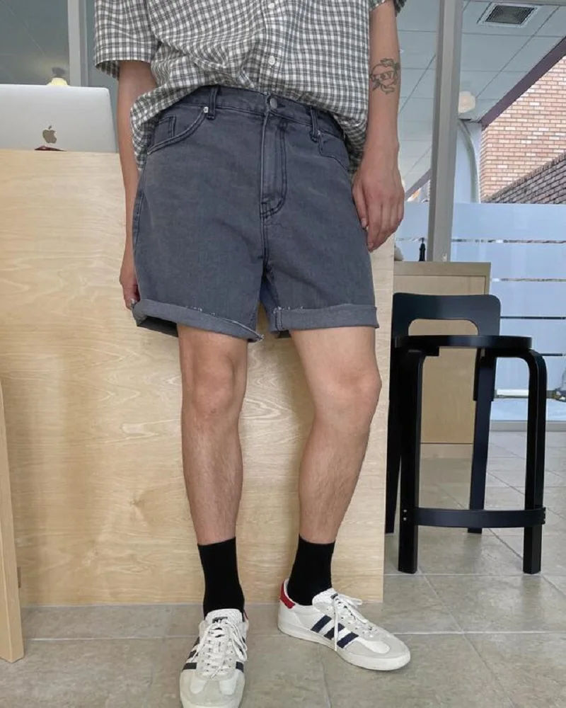 

Simple Waed Slim Straight Jeans Men's ort orts Summer Casual Faion Blue Denim mid Waist Zipper Fly Youth Trend