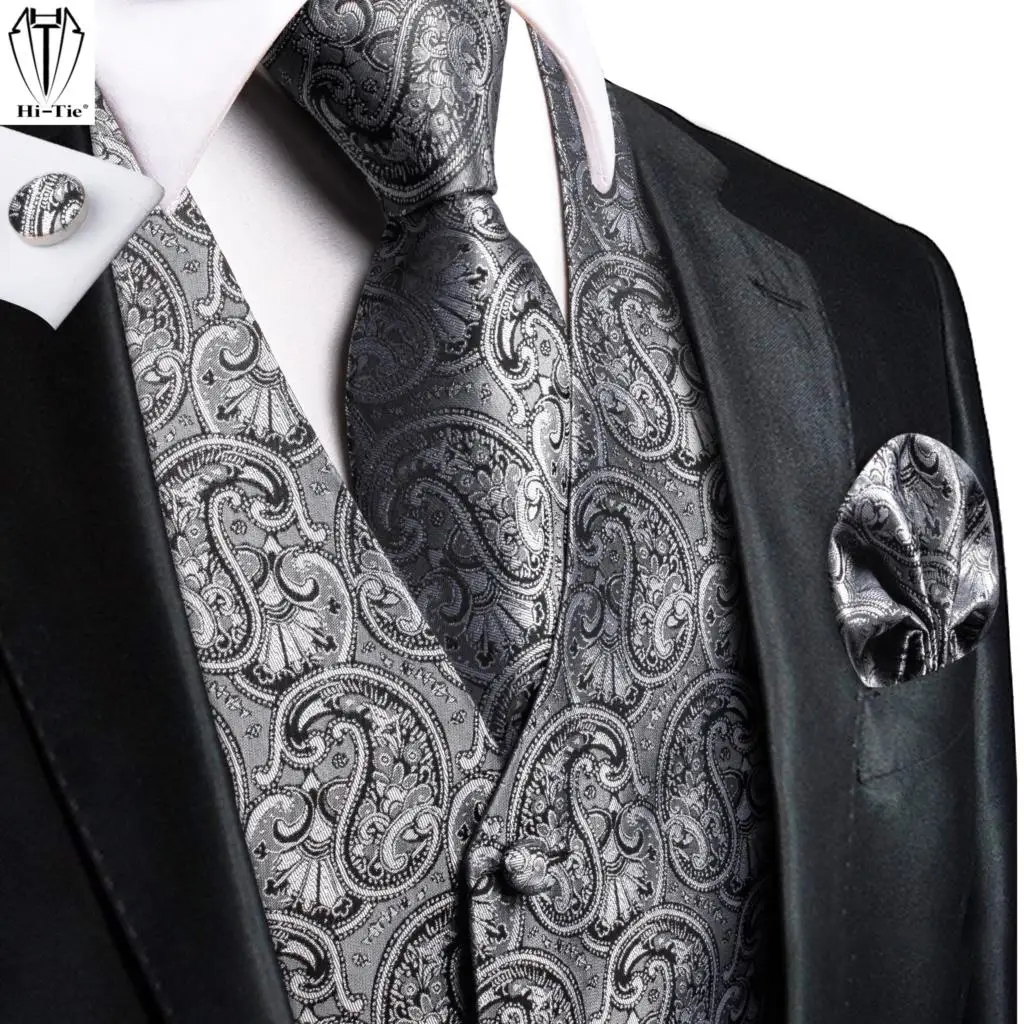 Hi-Tie Grey Paisley Silk Mens Vest Tie Set Jacquard Waistcoat Sleeveless Jacket Necktie Hankerchief Cufflinks Wedding Business