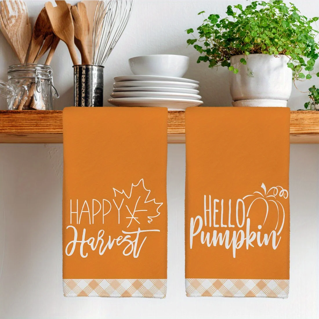 2Pcs Happy Harvest Hello Pumpkin Kitchen Towels Plaid Trim Maple Leaf Print Dish Towel Autumn Fall Farmhouse Home Decor Gift