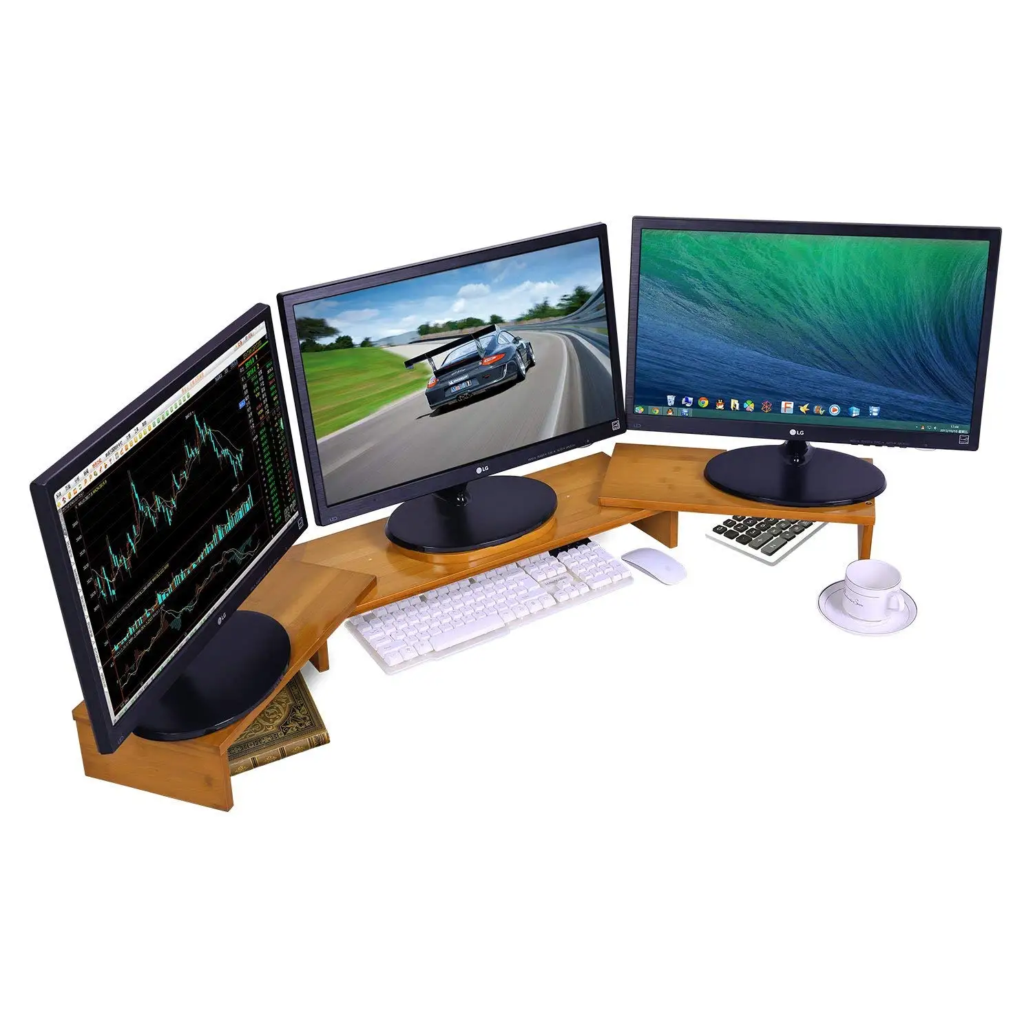 

Monitor Stand Riser Desktop 3 Shelf Bamboo Wood Computer Riser Screen Holder with Adjustable Angle Corner Dual PC Shelf De