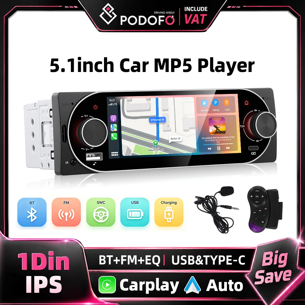 Podofo 5.1-calowy samochodowy radioodtwarzacz MP5 1 DIN z bezprzewodowym Carplay, Android Auto, Mirror Link, ekran dotykowy HD 1120*480, radio FM, USB, BT, EQ, odtwarzacz multimedialny, sterowanie z