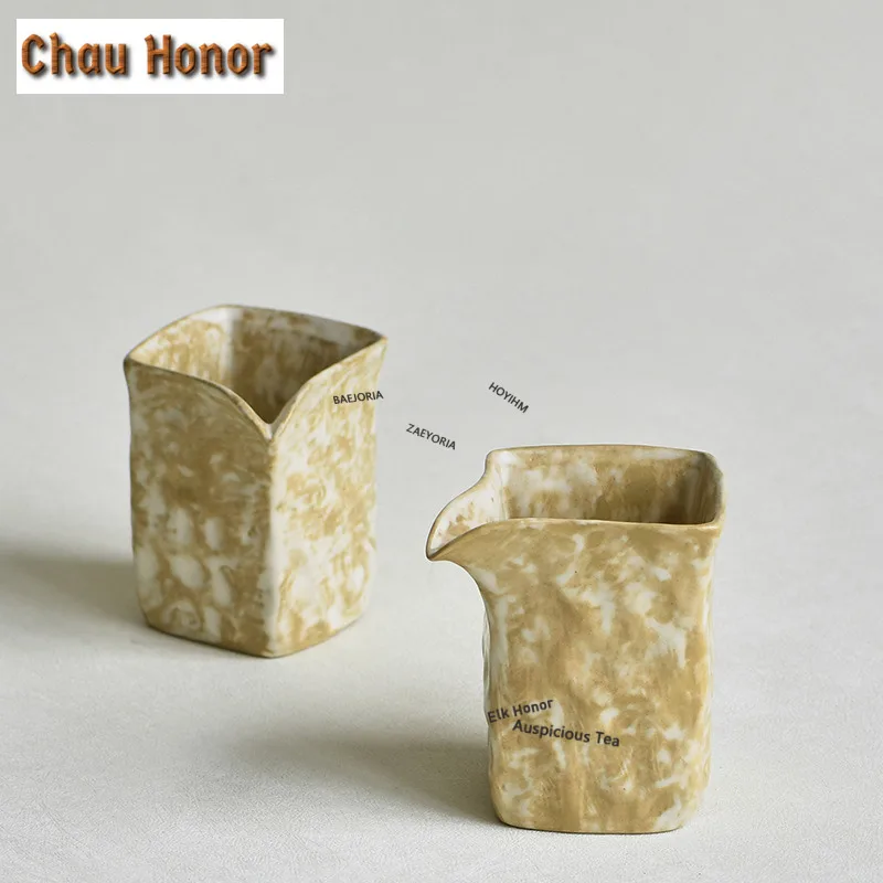 ZAEYORIA 170ml Pichet à thé carré en poterie rustique avec glaçure à effet de pinceau, Distributeur de thé Cha Hai, Tasse de justice, Tasse équitable, Ensemble de thé
