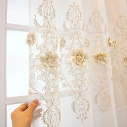 French Romantic Pearl Flowers Embossed Embroidery Window Lace Curtains For Bedroom Living Room Balcony Sheer Tulle Ready Drapes