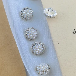 11/15/20MM Elegant Pearl Beaded Flower Design Metal Buttons Of Clothing Wholesale Silver Plated Rhinestone Decor Shank Button