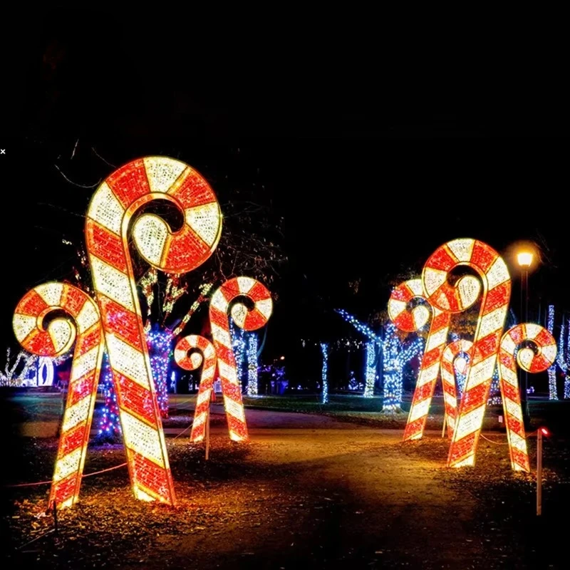 Decoração de natal ao ar livre cana-de-açúcar gigante escultura led exibição de natal ao ar livre luz padrão de cana-de-açúcar 3d
