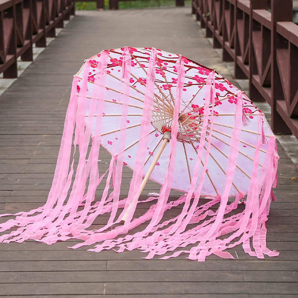 

82cm Chinese Ancient Classic Pink Flowers Silk Umbrella with Tassel Oil Paper Parasol for Hanfu Cos Props Decor