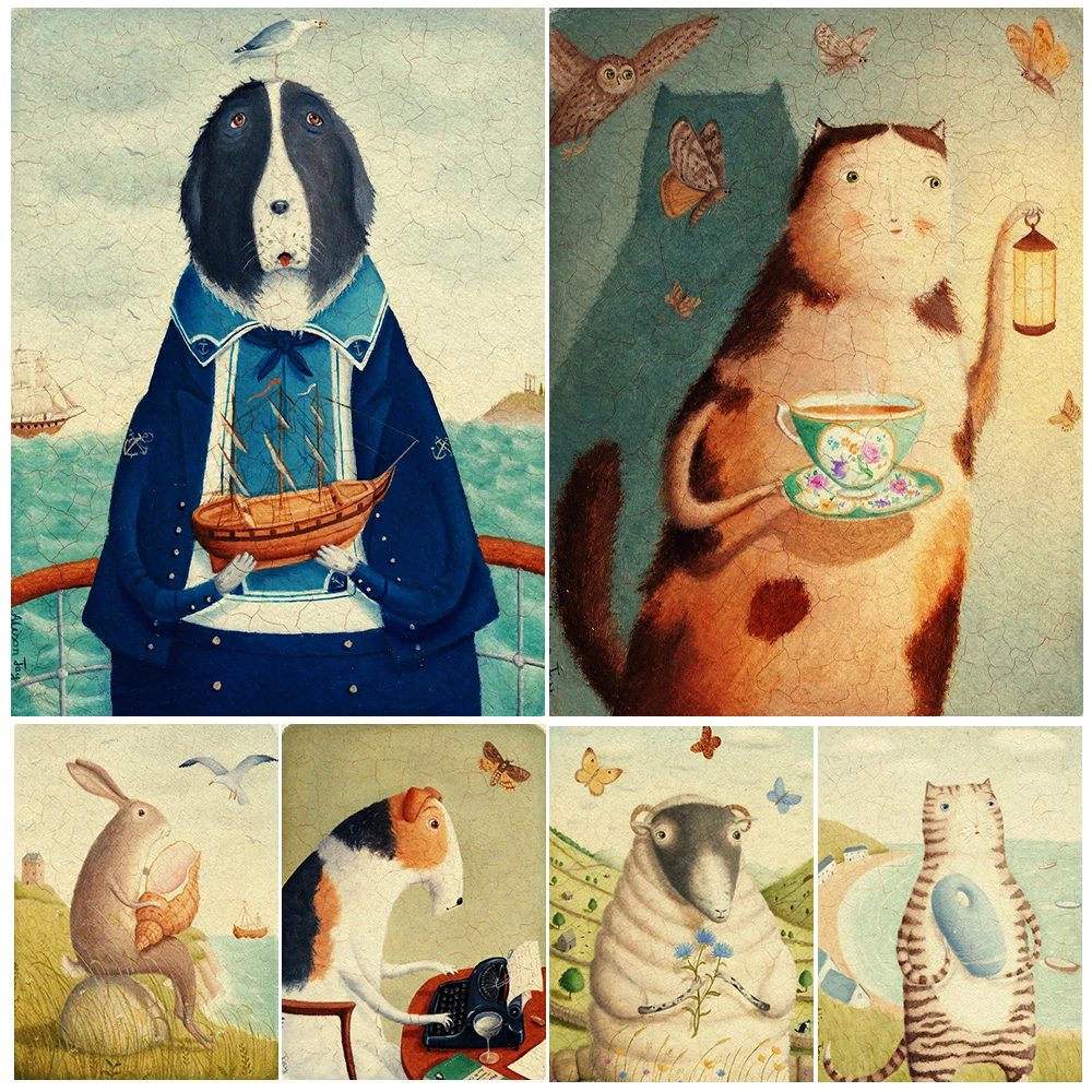 

Panda,Cow,Mouse,Parrot & Blue-White Porcelain Vintage Wall Art Canvas Print Porcelain Cracks&Animal Portraits Art Poster Print