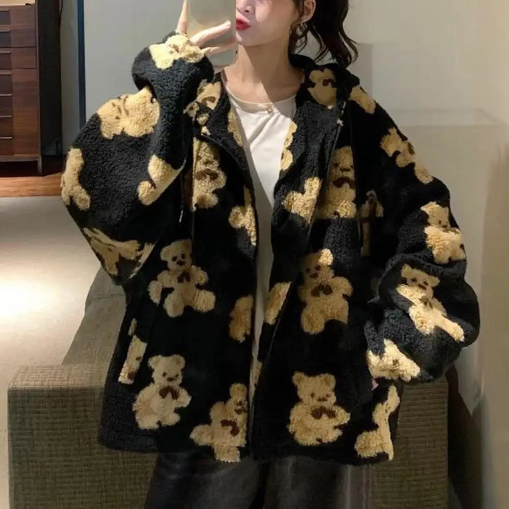 

Women Autumn Winter Fleece Hooded Jacket Long Sleeve Zipper Placket Plush Sweatshirt Coat Heart Bear Print Outwear