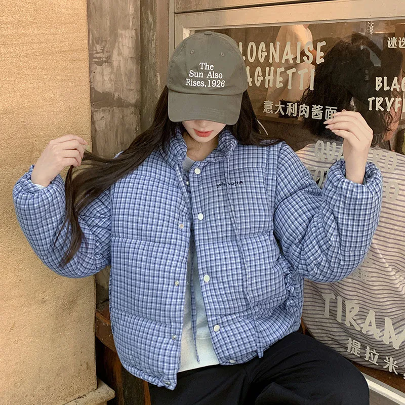 معطف 2025 جديد شتاء دافئ الأزرق منقوشة للإزالة كم المرأة سترة قطن فضفاضة سميكة موضة أسفل المرأة سترة قطن H687 #3