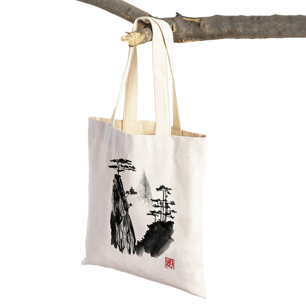 Black and White Ink Wall Pictures Chinese Landscape Women Shopping Bags Reusable Double Print Casual Canvas Shopper Bag Tote