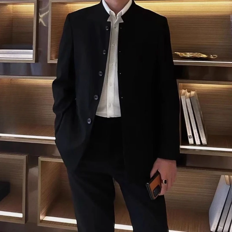 New Chinese Style Mandarin Collar Men Suit Set Edgy Streetwear Tuxedo Outfit for Graduation Performance Uniform