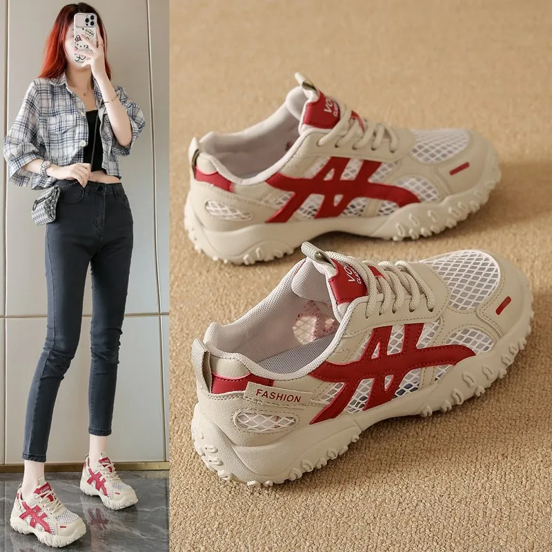 

2025 New Women's Breathable Mesh Lace Up Chunky Platform Walking Shoes 3.5CM Heel Wear Resistant Casual Daily Sneakers