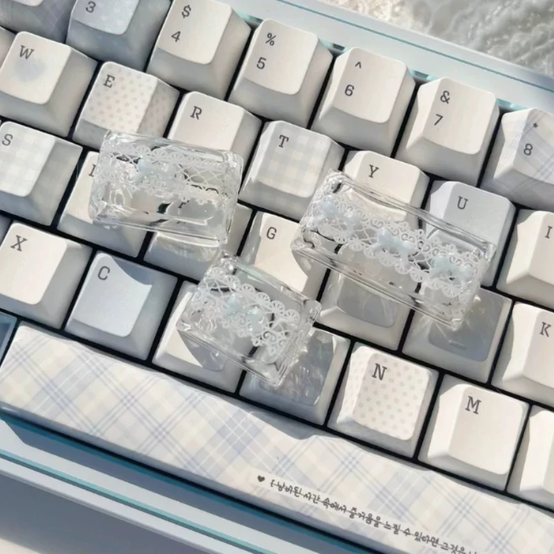 Lace Bowknot Pink Key Caps Custom Resin Handmade Keyboard Caps Semi-transparent XDA Keycaps for Keyboard Accessories MX Switch