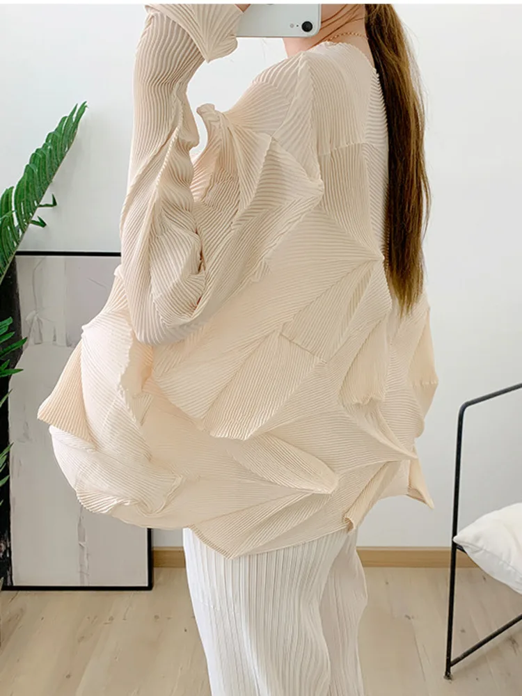 LANMREM Pleated Ruffles Solid Color Shirts Fold Cardigan Long Sleeves Female Fashion Top Clothing 2024 Summer New 2R8281