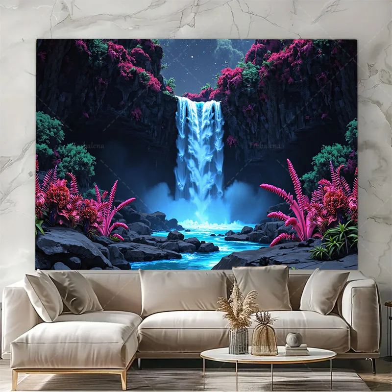 قطعة واحدة من نسيج الحائط "نسيج الشلال المسحور - مشهد الزهور النابضة بالحياة والسماء الليلية" #4