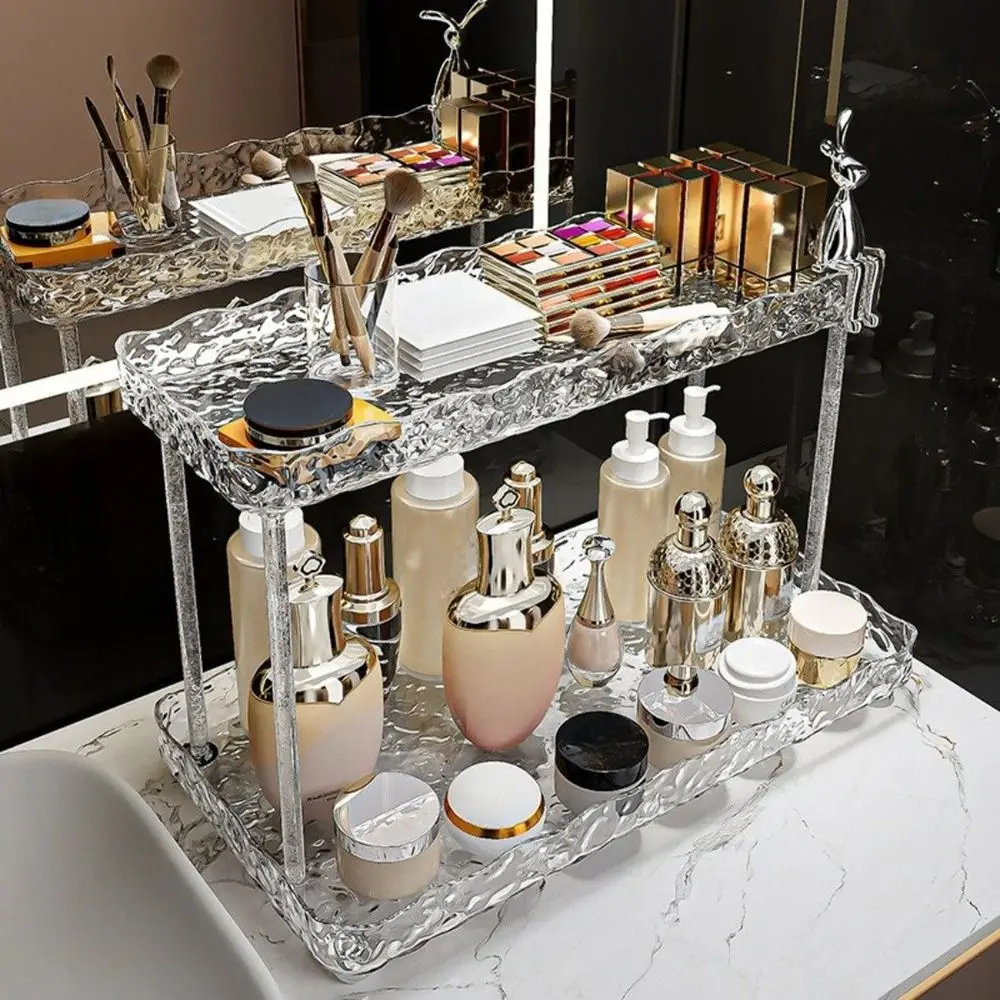 

Plastic 2-Tier Vanity Desktop Shelf Cute Bunny Large Capacity Corrugated Cosmetic Organizer Space Saving Bathroom Counter Shelf