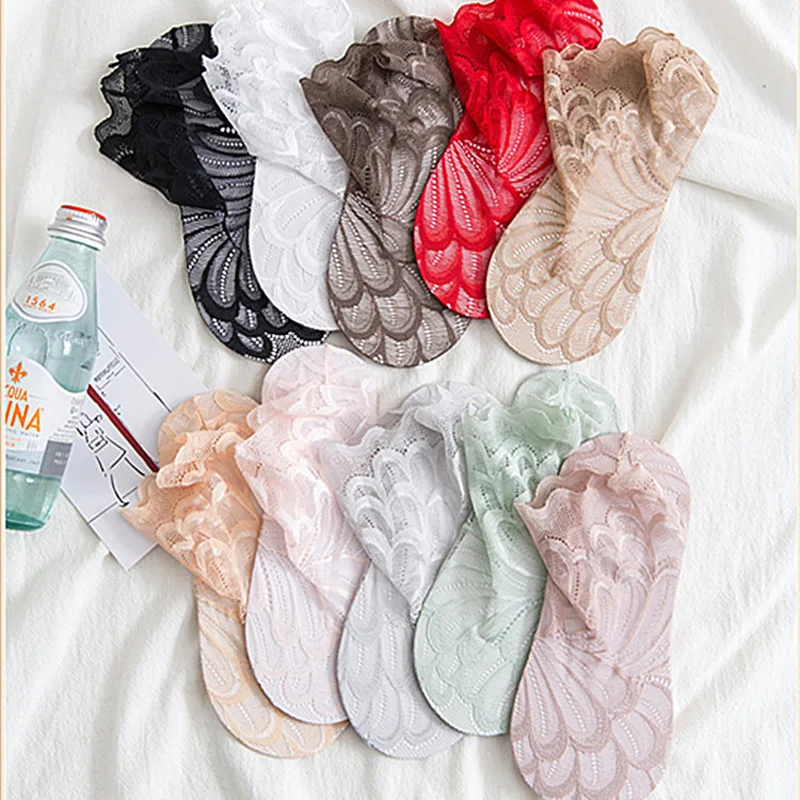 Qisin 5Pairs/lot Fashion Women Girls Summer Socks Style Lace Peacock Flower Short Socks Antiskid Invisible Ankle Socks 10 Colors