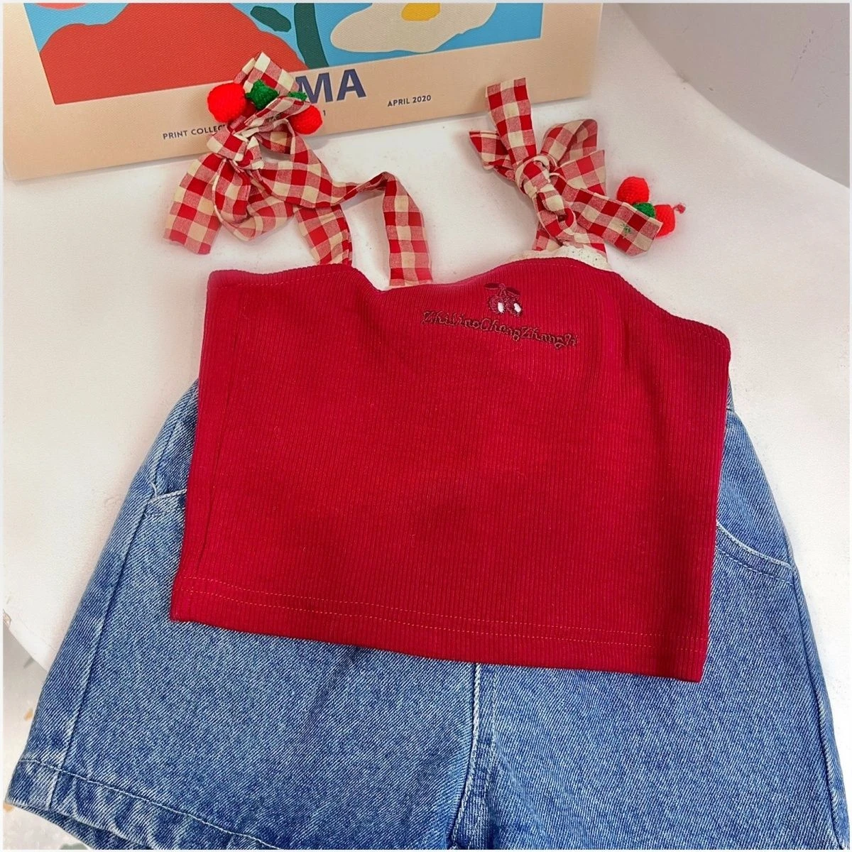 Childrens Clothing 2024 Short Embroidered Red Sleeveless Vest  for Girls New Summer Clothing Children Baby Girls