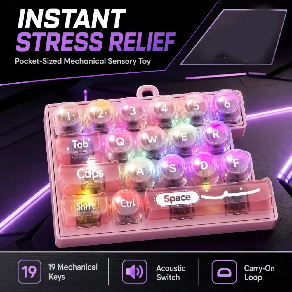 Portable Glowing 19 Keyboard Keychain Stress Relief with LED Lights Fingertip Button Key Ring Creative