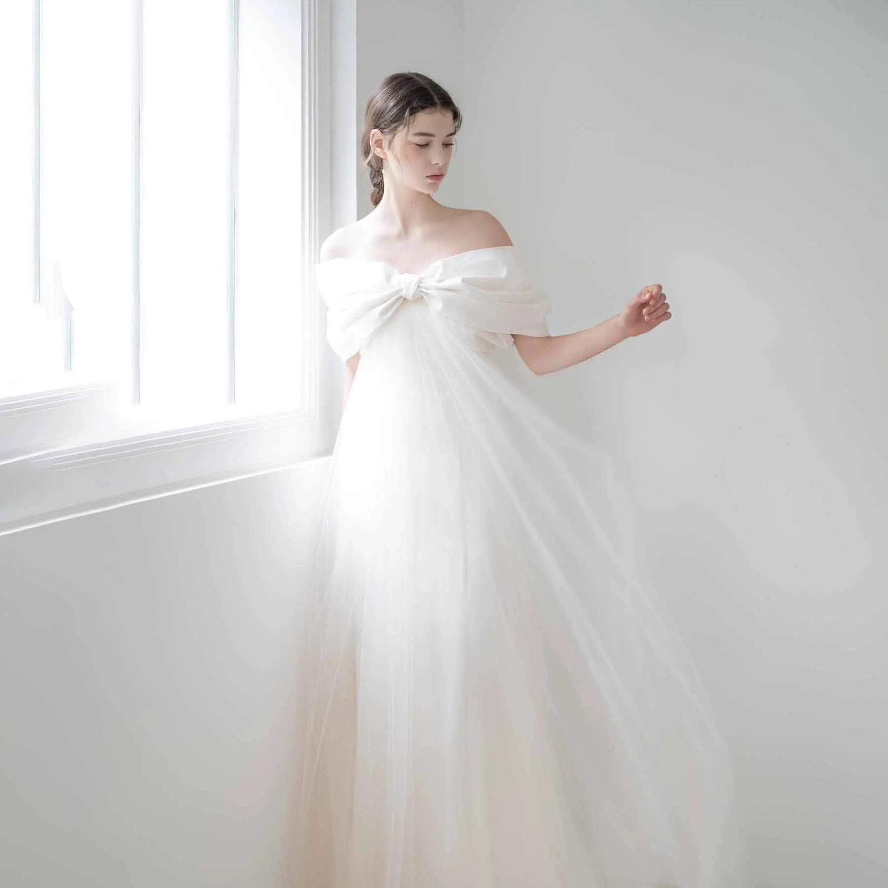 OEING Off Shoulder Korea Garden Evening Dresses Bow Sleeves Formal 프롬드레스  Floor Length Elegant Prom Growns Party Women Bride