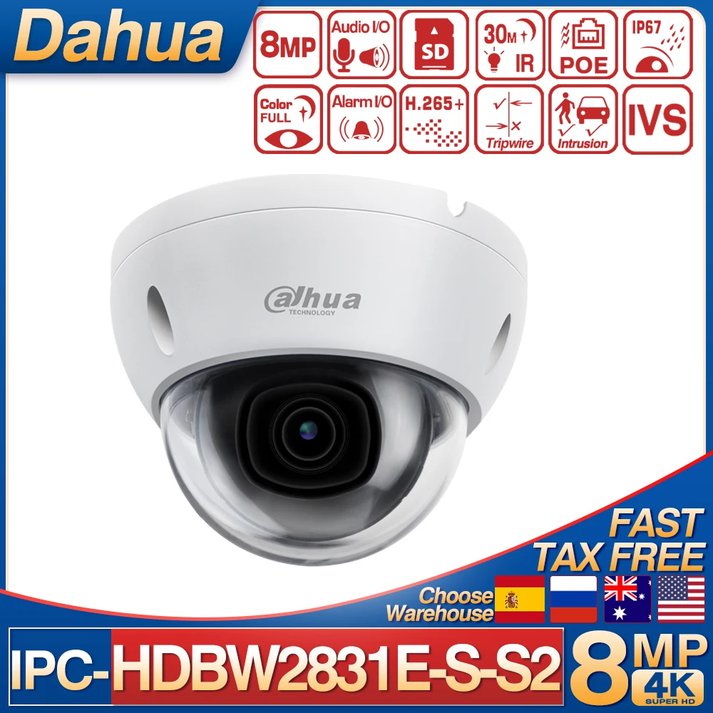 Original Dahua 4K 8MP Dome IP Camera IPC-HDBW2831E-S-S2 H.265+ Built-in SD Card Slot IP67 IR 30M IVS WDR IK10 POE Network Camera