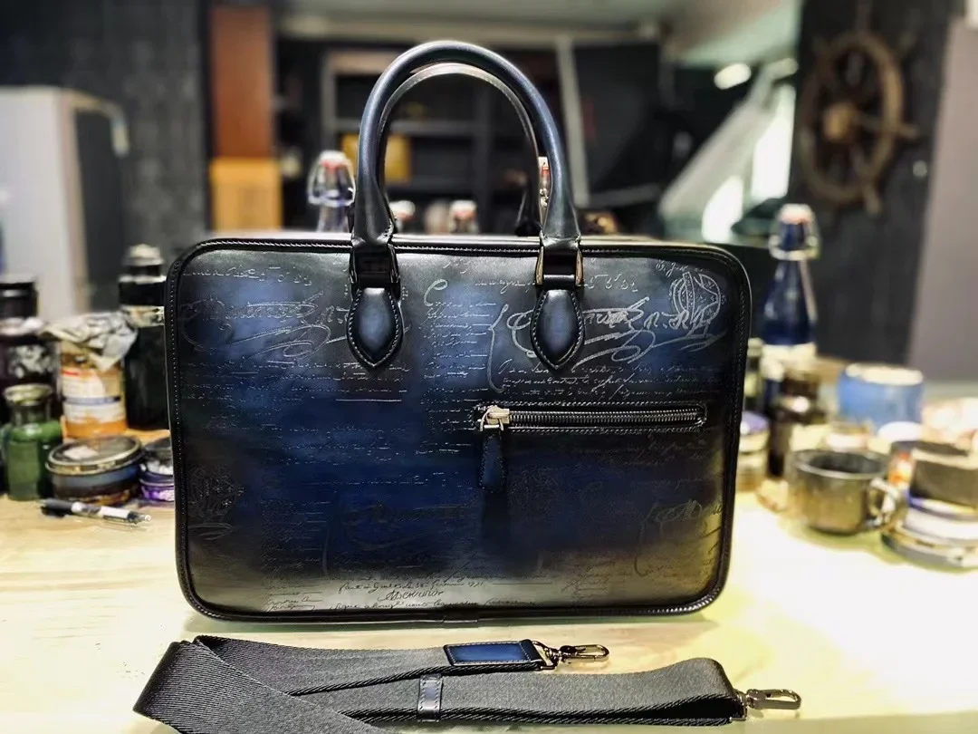 Malas de couro genuíno high-end masculinas, estojo portátil artesanal, sacola com zíper, bolsa de ombro, trabalho de escritório de negócios, alta qualidade