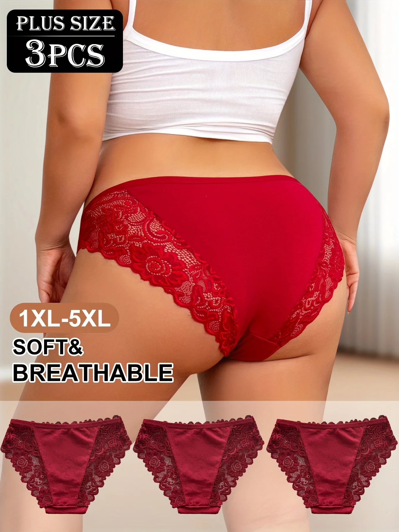 3-Pack Plus-Size Women's Underwear, Comfortable and Breathable, Featuring Elegant Lace Trim for Understated Sophistication.