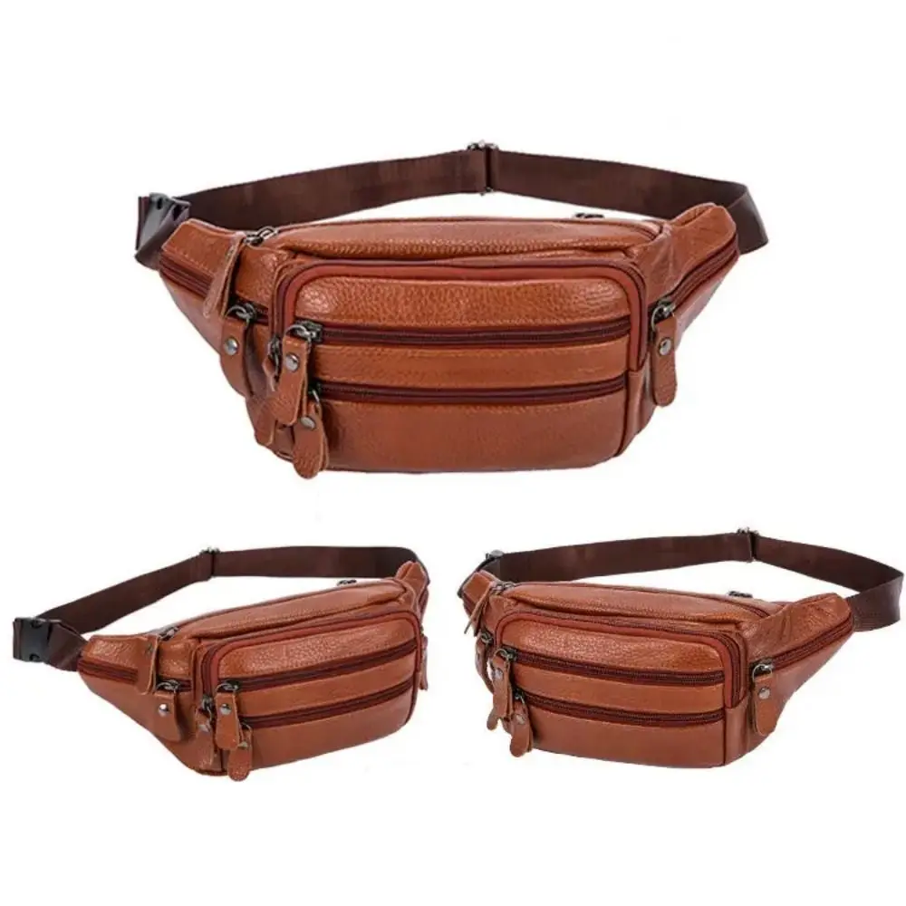 Multi-layered Men\'s Waist Bag Fashion Waterproof Large Capacity Travel Phone Bag PU Leather Zipper Waist Purse Pack