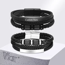 Vnox Personalized Braided Leather Bracelet for Men Handmade Triple Woven Pu Leather Bracelet Custom Name Text Jewelry Gifts