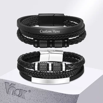 Vnox pulsera de cuero trenzado personalizada para hombres pulsera de cuero Pu de tejido Triple hecha a mano nombre personalizado texto joyería regalos