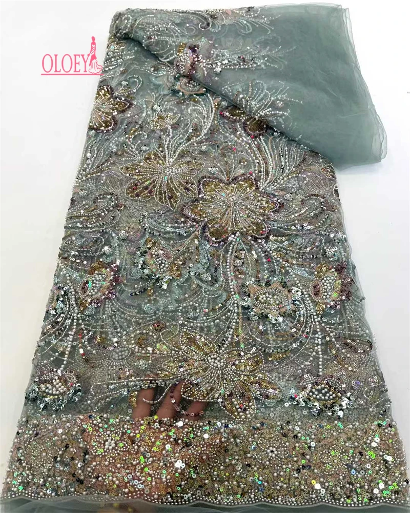 OLOEY Luxury African Sequins Beaded Lace Fabric High Quality Groom Nigerian Wedding Bridal Embroidery French Tulle Sewing