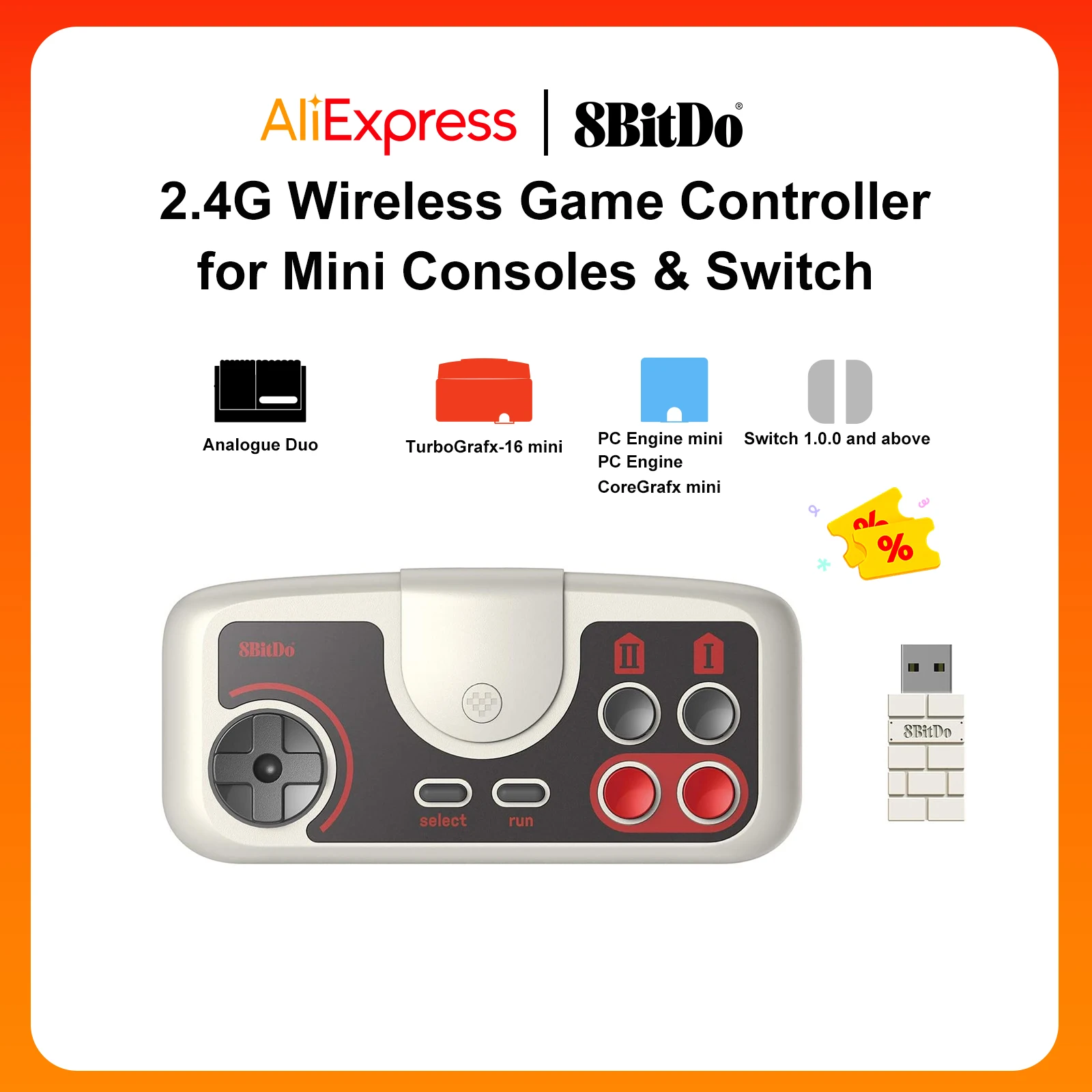 

Беспроводной геймпад 8BitDo PCE Core 2,4G для двигателя ПК, мини-двигатель ПК CoreGrafx Mini TurboGrafx-16 Mini для переключателя