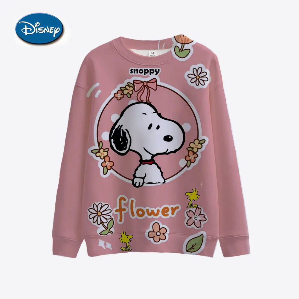 Snoopy Spring Cartoon Pink Printed Round Neck Sweater Women\'s Loose Cute Thin Casual Top Hoodie