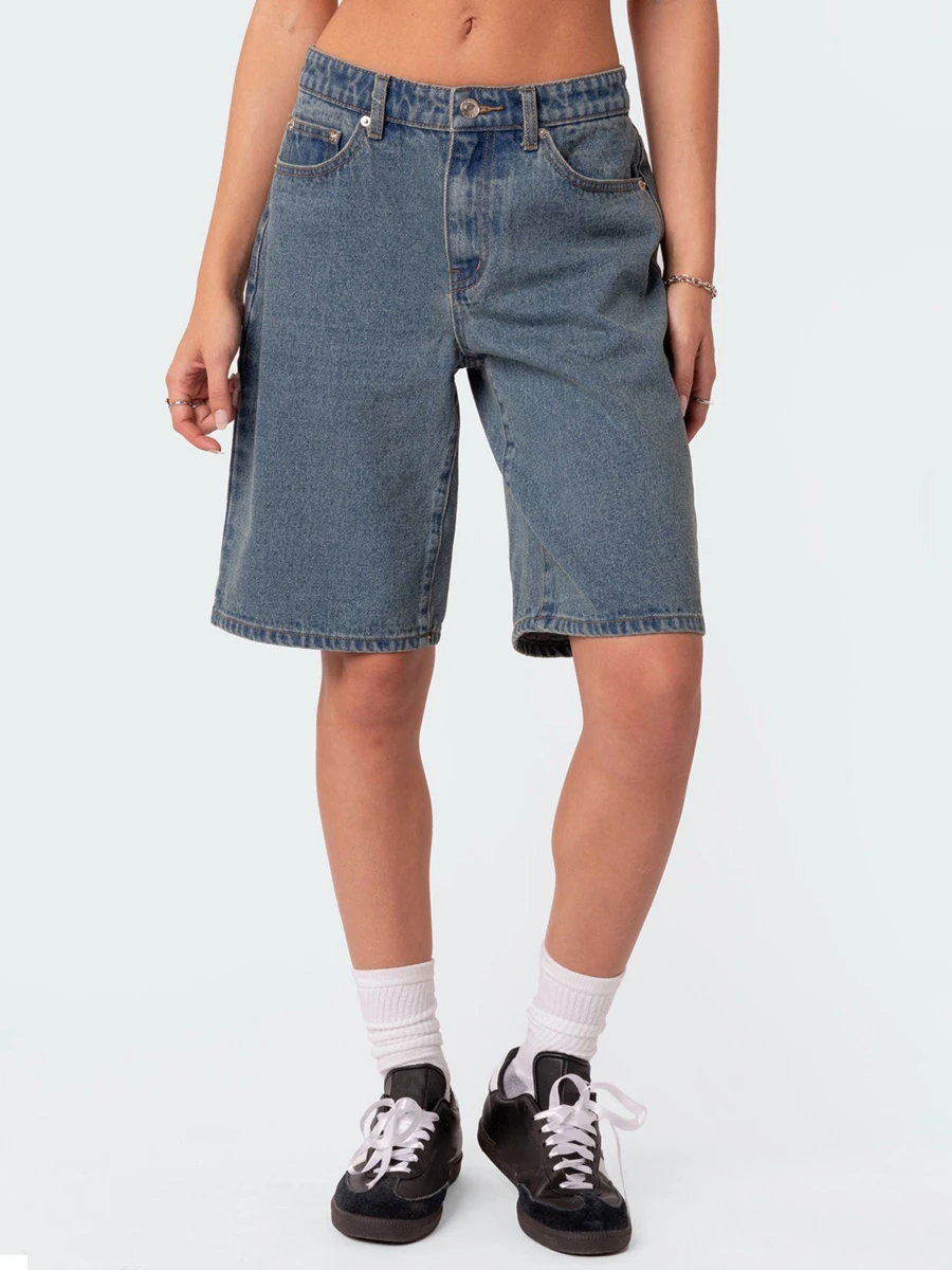 Shorts jeans casuais para mulheres, cintura baixa, streetwear de verão, jean elástico, perna larga, Y2k