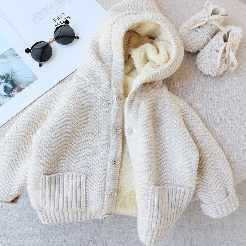 

Children Boy Girl Winter Sweater 0-7Years Toddler Kids Knitwear Lamb Wool Hooded Jumper Thicken Warm Cardigan Outwear Clothes