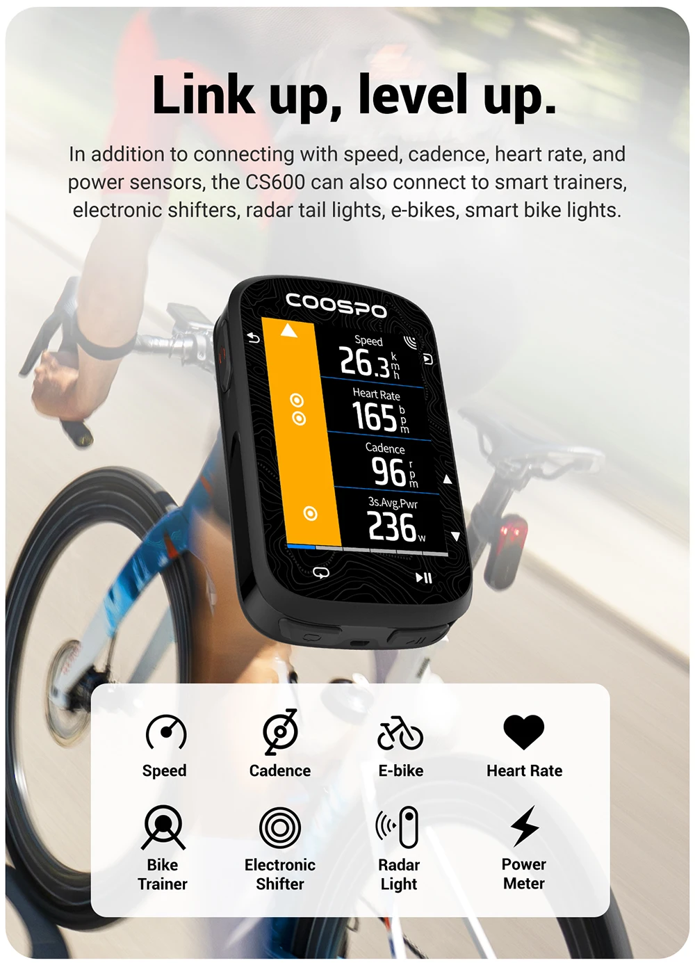 COOSPO CS600 Bunte Karte Touchscreen Fahrradcomputer GPS-Navigation Drahtloser Fahrradcomputer Indoor-Training Kilometerzähler – Detail 13