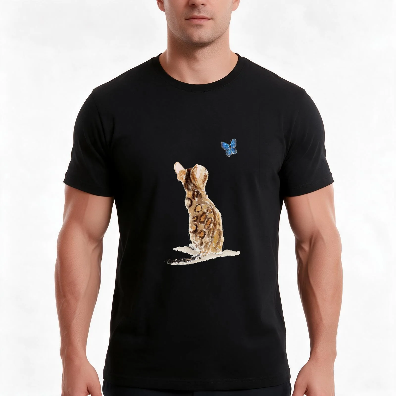 Bengal Cat & Butterfly T-Shirt, Summer Casual Cotton Tee, Oversized Streetwear Tops, Vintage Graphic Print, Unisex Men Women