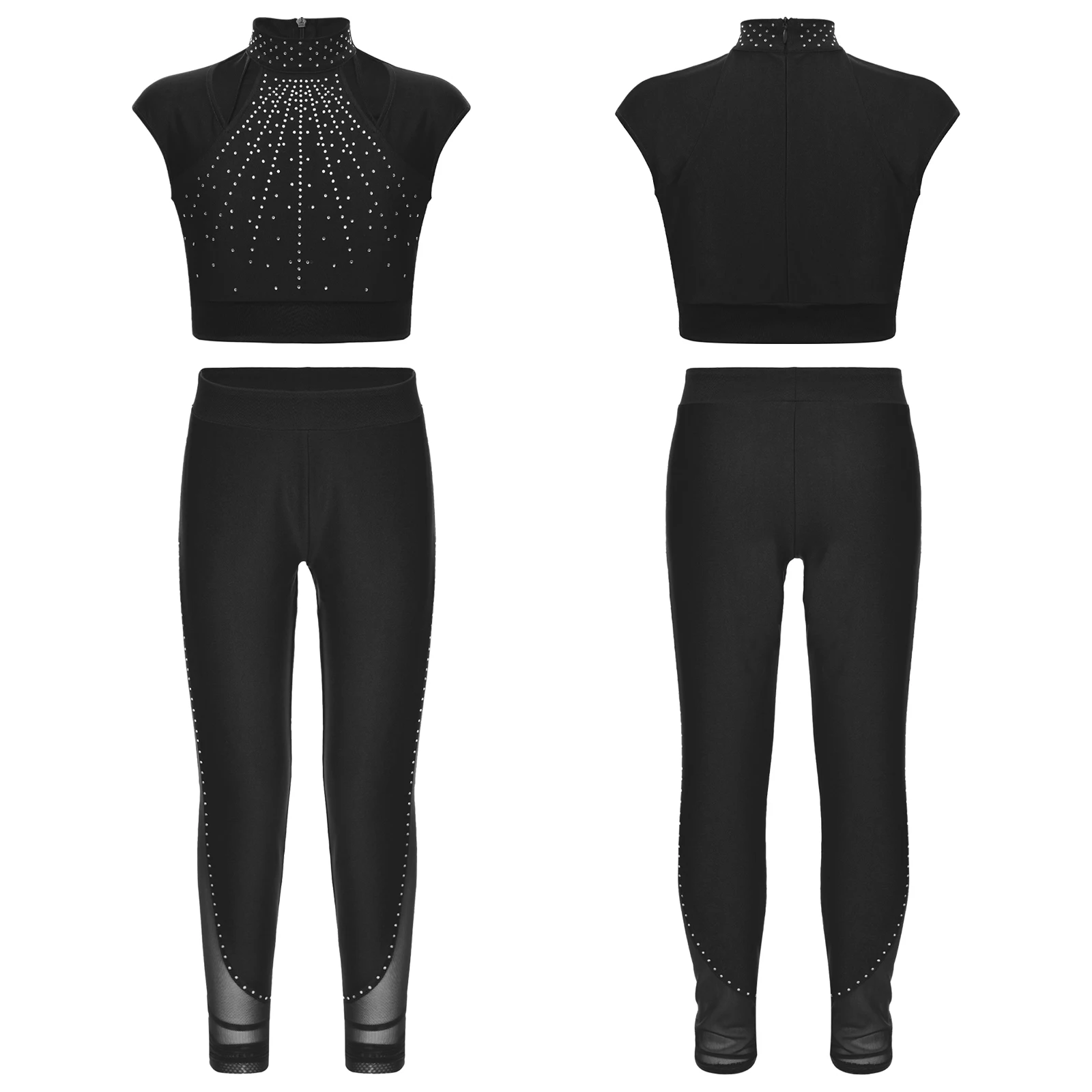 

Kids Girls Sport Training Outfit Sleeveless Crop Top Shirt+Sheer Mesh Patchwork Leggings Pants Figure Skating Dance Gymnastics