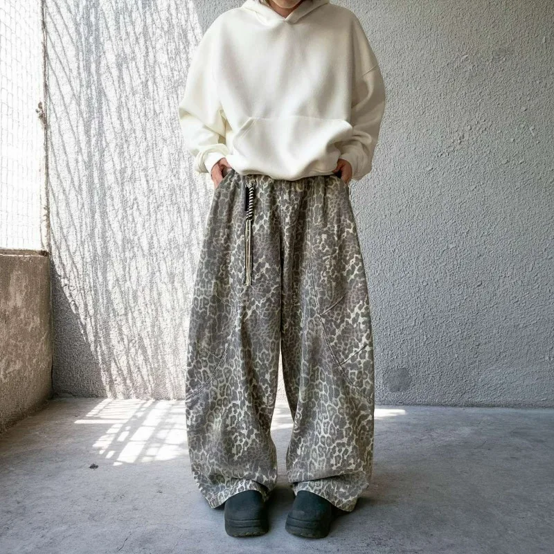 

Autumn Hiphop Design Casual Pants Men Trendy Loose Straight Wide Leg Pants Youth Fashion Brand American Vintage Leopard Trousers