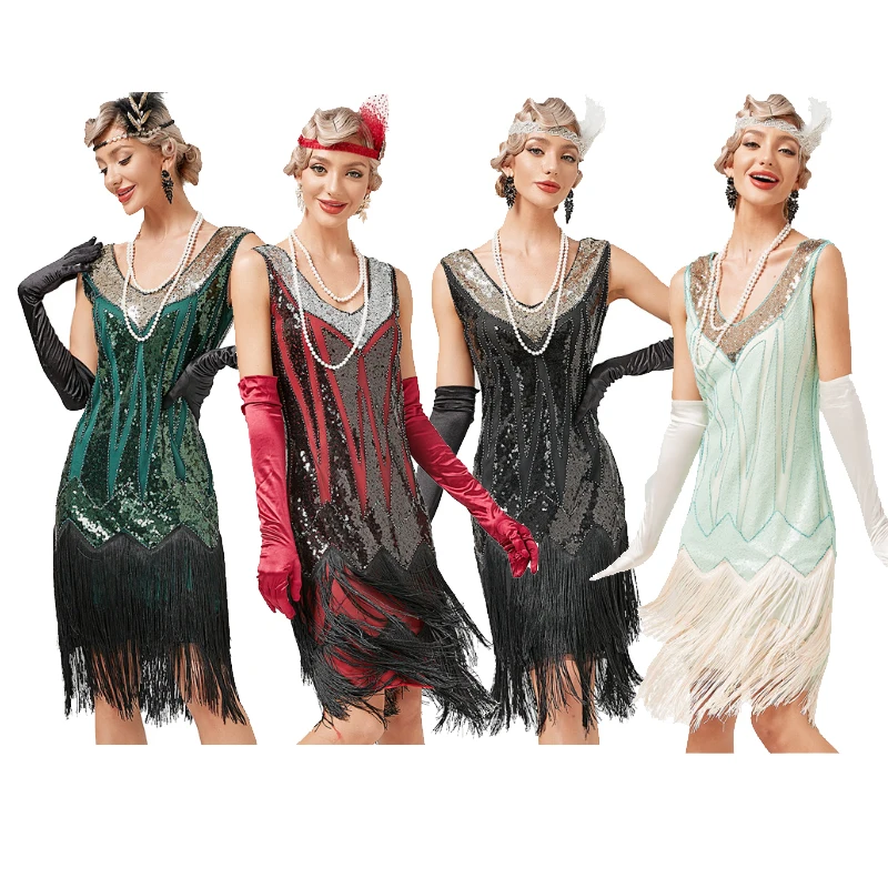 Vintage 1920S Flapper V-hals Dubbele Kwastje Jurk Great Gatsby Cosplay Kostuum Cocktail Party Charleston Dance Sequin Stud Jurk