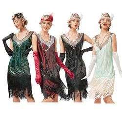 Vestido de Flapper Vintage de los años 1920 con cuello en V, doble borla, disfraz del gran Gatsby, fiesta de cóctel, baile de Charleston, vestido de lentejuelas con tachuelas