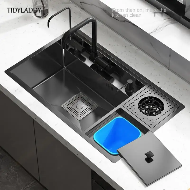 

Hidden Kitchen Sink Single Bowl Bar Stainless Steel Balcony Sink Concealed Kitchen Novel Bar Sink with Cup Washer Trash Can