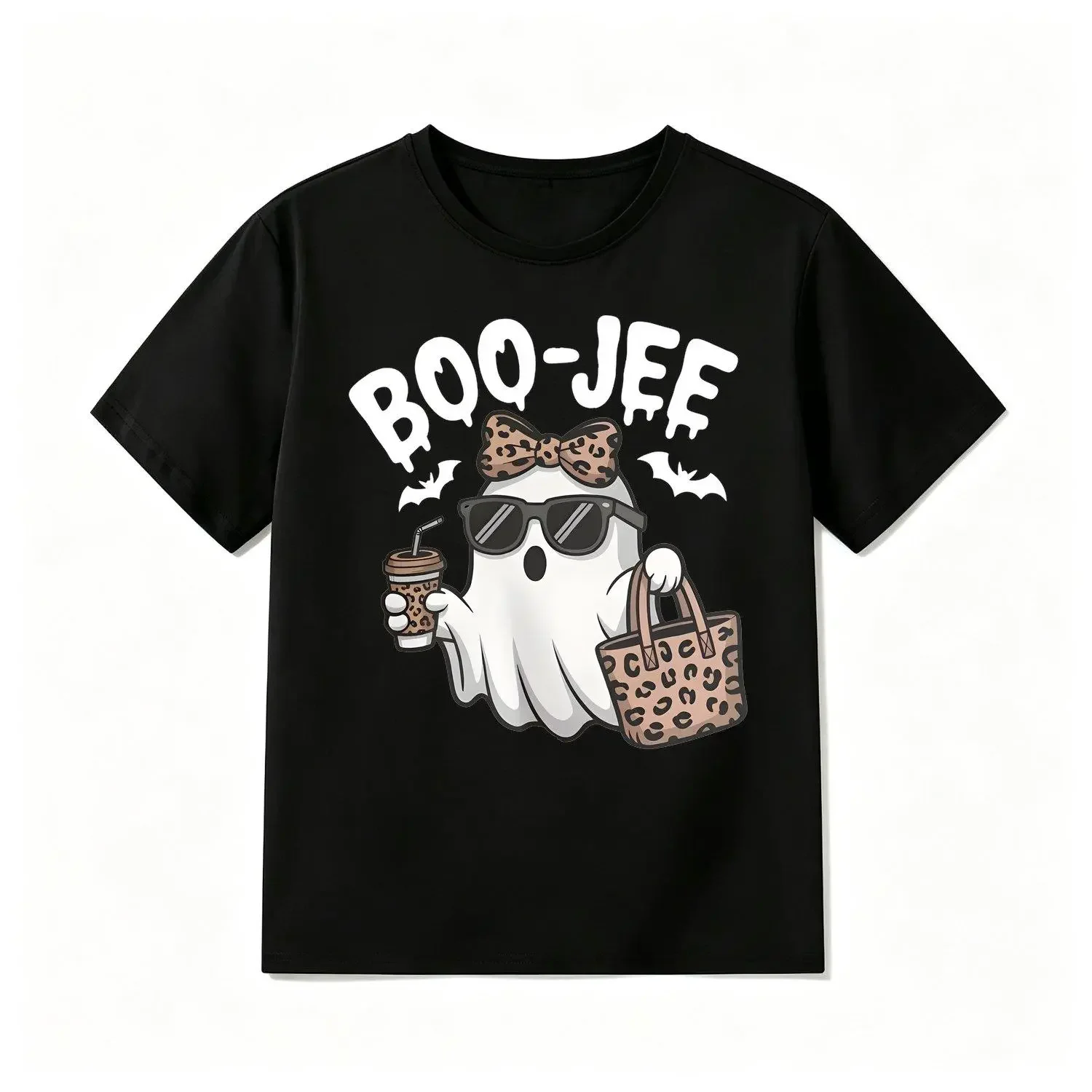 Boys' Halloween Athletic Tee, Short-Sleeve Pure Cotton Loose-Cut Top with Leopard Bow, Cute Boo Graphic & Fashion Glasses, Full Sizes for Halloween Party (Kids' Sports Clothing)