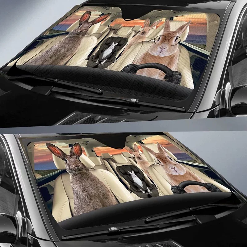 Rabbit Decor Driver Front Windshield Sun Shade, Lovely Bunny Family Car Windshield Sunshade, Farm Automotive Cover Keeps Out UV