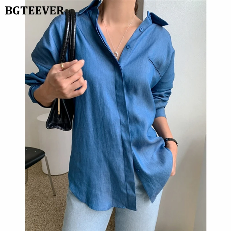 BGTEEVER Elegant Turn-down Collar Ladies Cotton Shirts Tops Summer Autumn Long Sleeve Loose Pocket Women Blouses