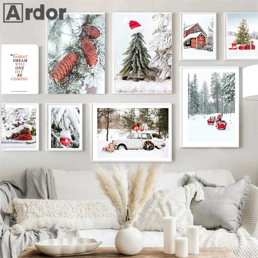 

Winter Snow Landscape Pictures Canvas Painting Wall Art Christmas Tree Pine Posters Pine Car Nordic Scenery Prints Home Decor