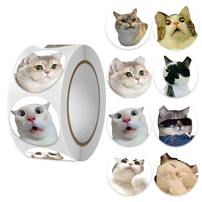 

Funny Cat Stickers 500Pcs per Roll, Cute Emoji Expression Round Labels, Humorous Animal Decals for Gifts Scrapbook DIY