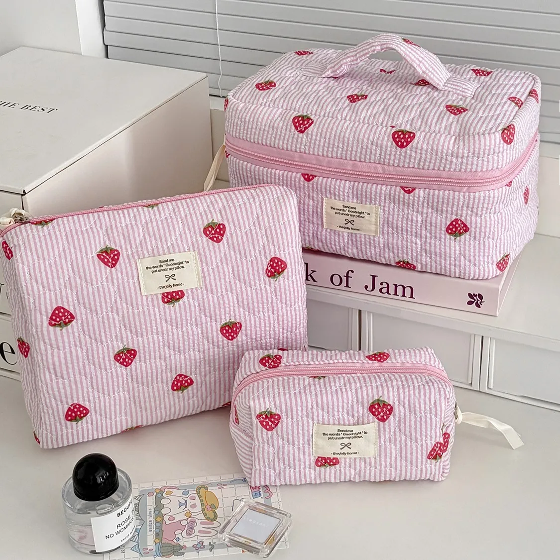Quilted Fabric Pink Striped Strawberry Cosmetic Bag Multiple Sizes Available Travel Portable Sundries Storage Bag